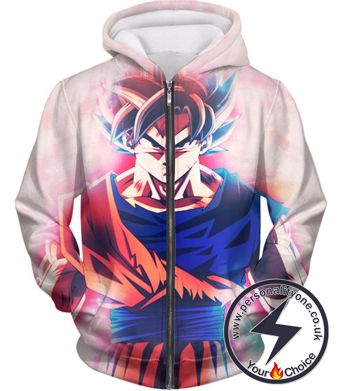 Dragon Ball Super Powerful Goku Rising Super Saiyan God Form Cool White Zip Up Hoodie